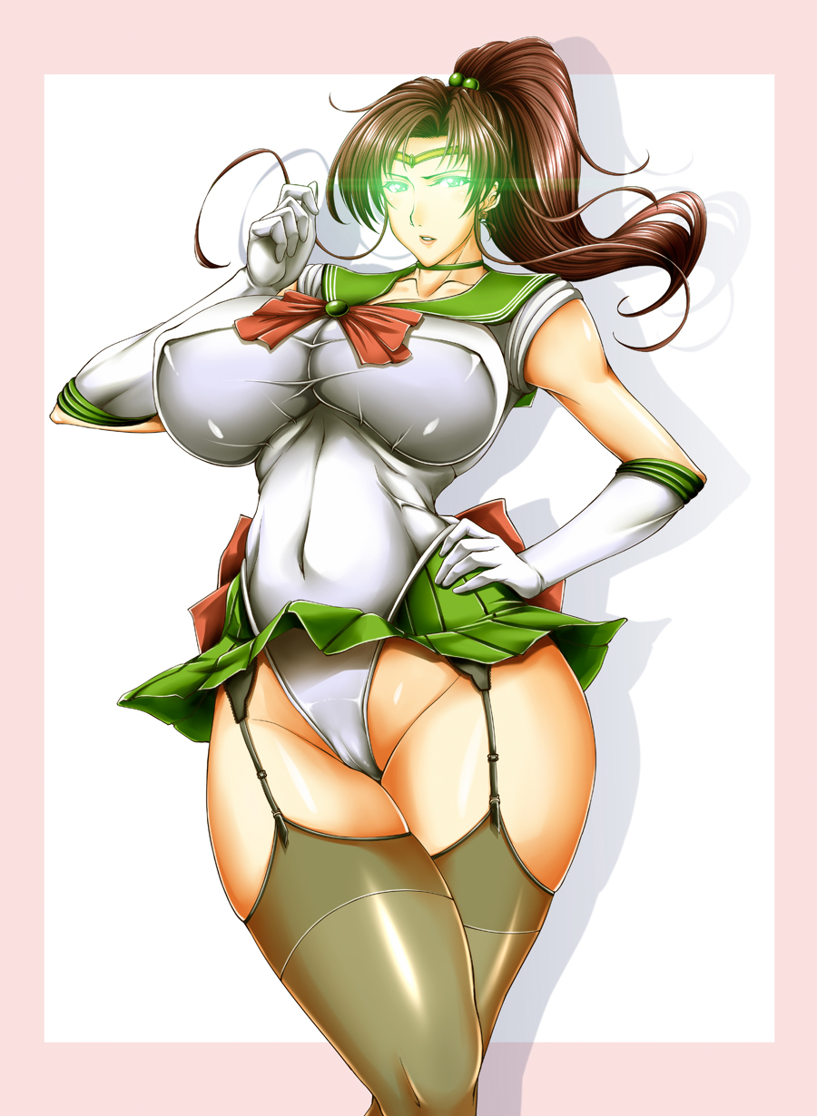 Sailor Jupiter's eyes glow radiant green as she glares at you in contempt, with one hand on her wide hip.  She's very voluptuous, and her uniform hugs her body rather tightly--enough for her nipples to visible poke out.  Under her miniskirt blowing in the breeze (which itself reveals the bottom of her leotard, effectively a pantyshot) is a garterbelt tightly pulling a pair of translucent dark stockings up to her thighs.
